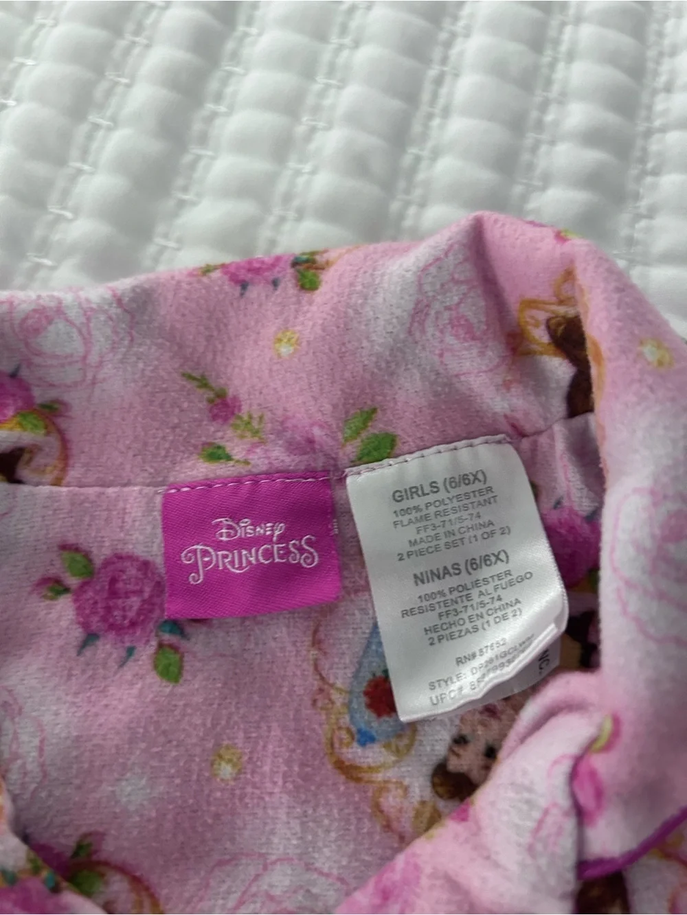 Disney Girls Pink Princess Bell Pajama Set  Size S (6/6X)